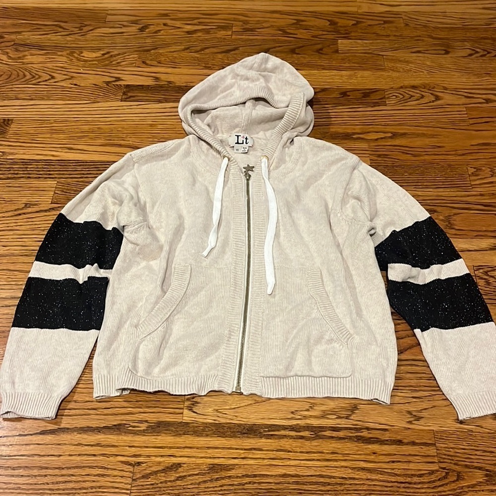 L + t Woman’s Tan Striped Sweater Zip Up Hoodie Size XS